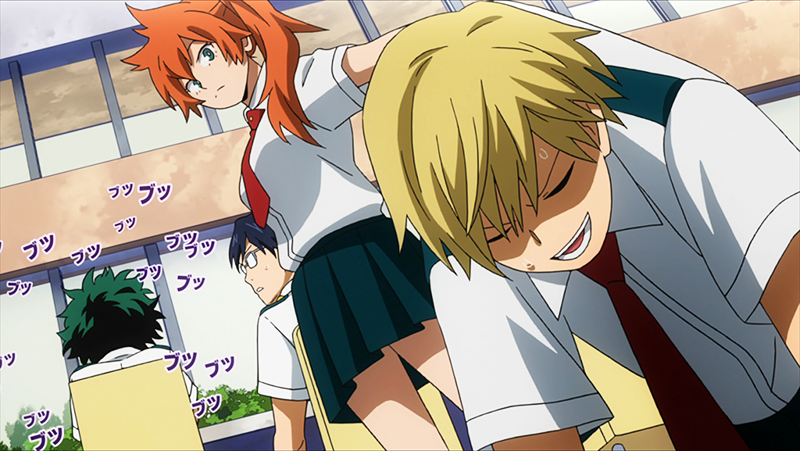 Itsuka holds Neito by the collar of his shirt, while Izuku mutters in the background.