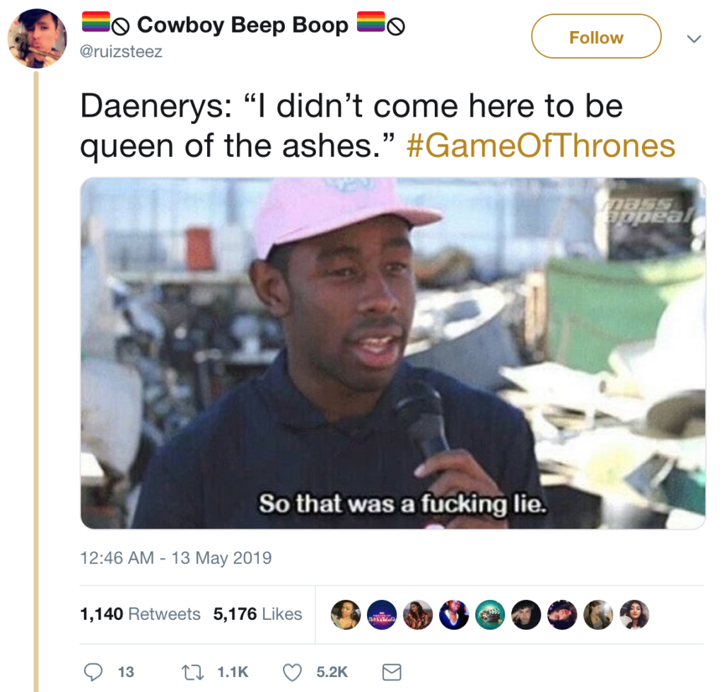 Twitter meme about Game of Thrones