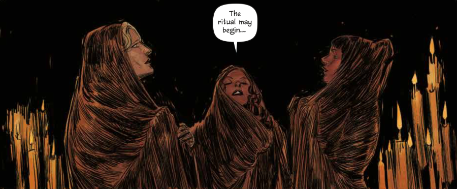 Three witches beginning a ritual in Redlands Volume 1